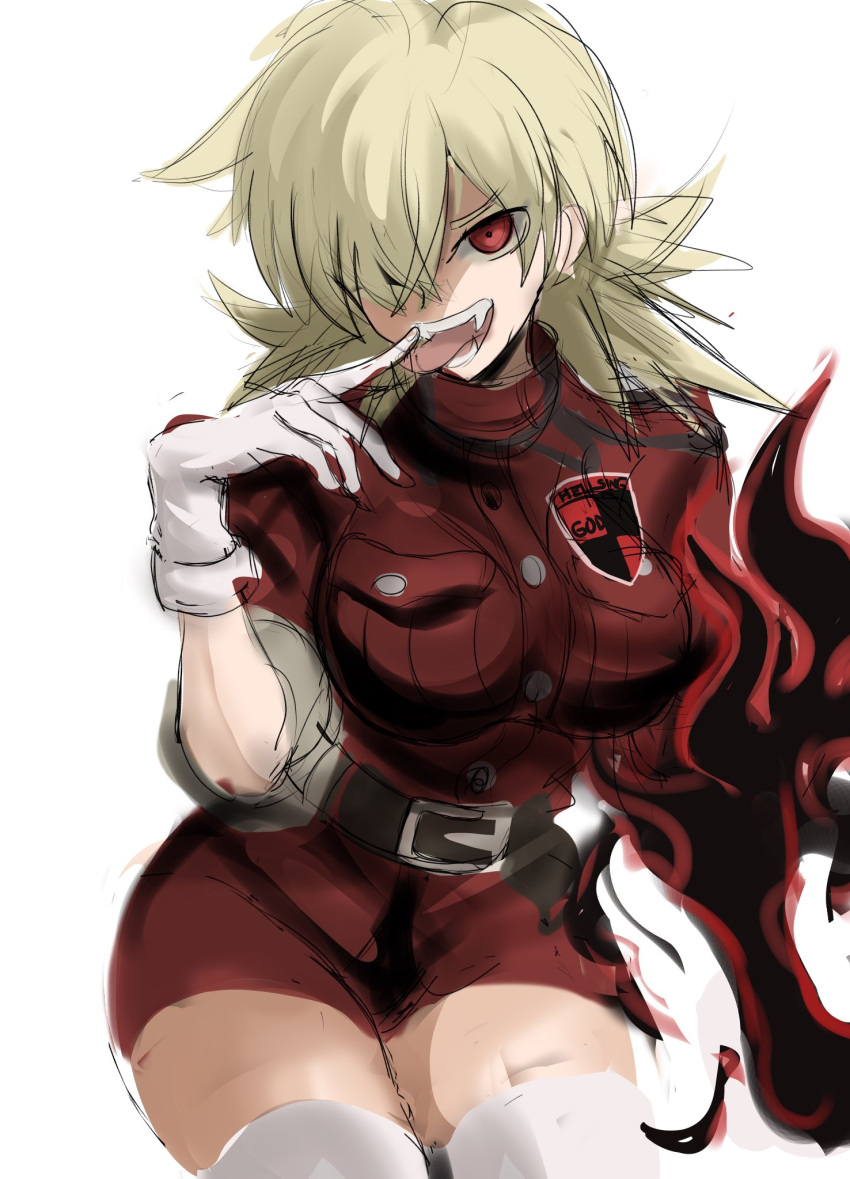 1girl belt belt_buckle blonde_hair blood blood_on_hands breasts buckle fangs gloves hair_over_one_eye hellsing highres large_breasts licking licking_finger looking_at_viewer military military_uniform rakeemspoon red_eyes seras_victoria sharp_teeth single_hand sitting sleeves_rolled_up solo tagme teeth thick_thighs thigh-highs thighs uniform vampire white_background white_gloves white_legwear