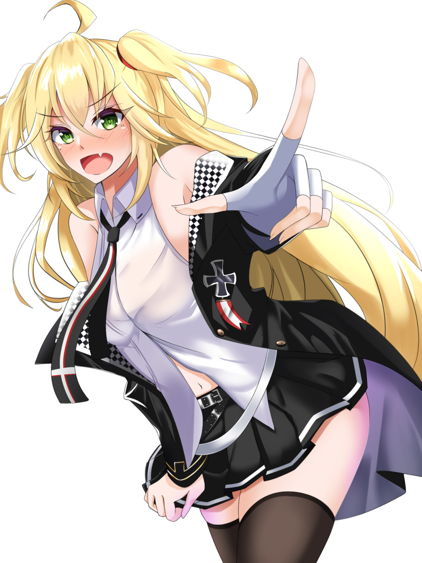 1girl admiral_hipper_(azur_lane) admiral_hipper_(muse)_(azur_lane) azur_lane bare_shoulders belt black_jacket black_legwear black_neckwear black_skirt blonde_hair blush breasts core1013 eyebrows_visible_through_hair feet_out_of_frame fingerless_gloves gloves green_eyes hair_ornament hairclip highres index_finger_raised jacket jacket_pull long_hair looking_at_viewer navel necktie open_mouth shirt single_glove skirt small_breasts solo standing thigh-highs twintails white_background white_gloves white_shirt