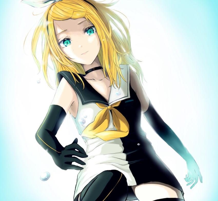 1girl aqua_eyes bare_shoulders black_collar black_dress black_gloves black_legwear blonde_hair bow collar collarbone collared_dress commentary dress elbow_gloves from_below gloves hair_bow highres kagamine_rin long_hair looking_at_viewer moa0291 roshin_yuukai_(vocaloid) sailor_collar sleeveless sleeveless_dress solo thigh-highs two-tone_dress vocaloid water_drop white_bow white_collar white_dress zettai_ryouiki