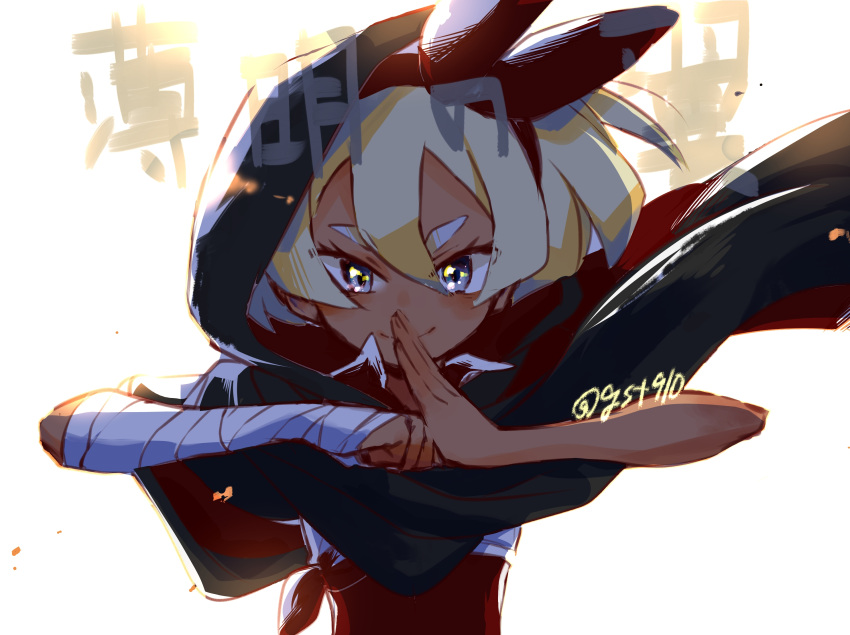 1girl bangs bea_(pokemon) black_bodysuit black_capelet blonde_hair bodysuit bodysuit_under_clothes bow_hairband capelet closed_mouth commentary_request grey_eyes hair_between_eyes hairband highres hood hooded_capelet kudou_(gst910) pokemon pokemon:_twilight_wings short_hair short_sleeves smile solo twitter_username upper_body wrist_wrap