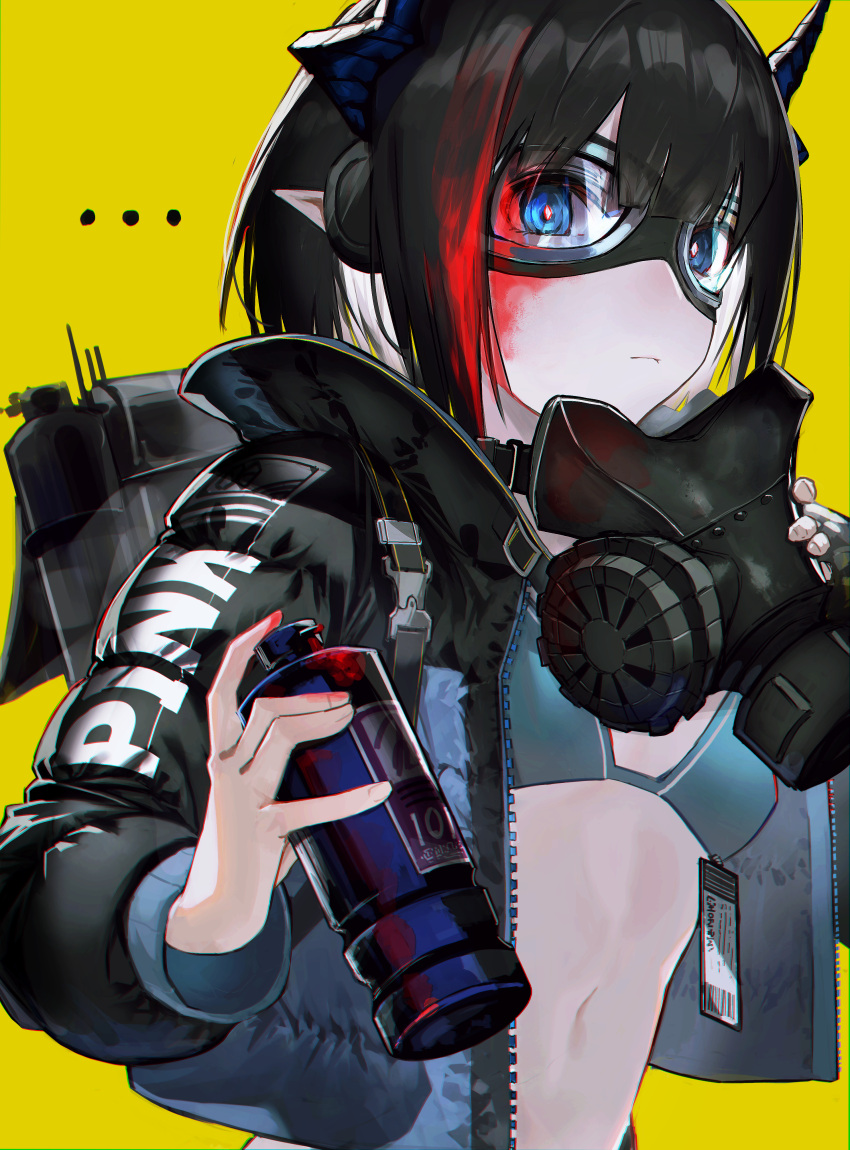 ... 1girl absurdres black_coat black_hair blue_eyes breasts closed_mouth coat english_commentary goggles highres holding holding_mask horns karasuro long_sleeves looking_at_viewer mask navel original pointy_ears respirator short_hair simple_background small_breasts snap-fit_buckle solo spray_can swimsuit upper_body yellow_background