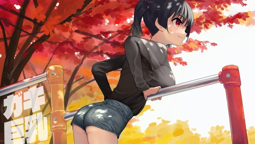 1girl ass autumn black_hair breasts closed_mouth commentary_request grey_shorts highres kaedeko_(kaedelic) large_breasts long_sleeves looking_away looking_to_the_side oppai_loli original red_eyes saki_sasaki_(kaedeko) shirt short_hair shorts solo thighs tree twintails white_shirt