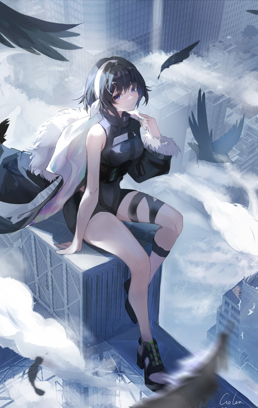 1girl absurdres ahoge arknights arm_at_side bare_legs bird black_coat black_footwear black_hair breasts building city closed_mouth coat crow day from_above full_body fur-trimmed_sleeves fur_trim gaogao544 hair_ornament hairband hairclip highres la_pluma_(arknights) long_sleeves looking_at_viewer looking_up medium_breasts open_clothes open_coat outdoors pointing pointing_at_self purple_hair short_hair signature single_bare_shoulder sitting solo thigh_strap underbust white_hairband