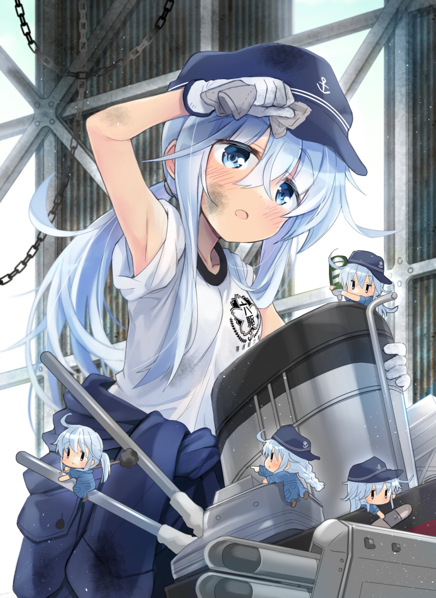 5girls absurdres alternate_costume blue_eyes blue_jumpsuit chain commentary_request cowboy_shot dirty fairy_(kancolle) gloves hibiki_(kancolle) highres hizuki_yayoi jumpsuit_around_waist kantai_collection long_hair machinery minigirl multiple_girls shirt silver_hair sleeves_rolled_up smokestack solo_focus t-shirt white_gloves white_shirt window