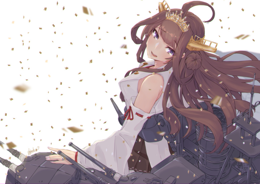 1girl ahoge alakoala black_hakama braid braided_bun brown_hair crown detached_sleeves double_bun hairband hakama highres japanese_clothes kantai_collection kimono kongou_(kancolle) long_hair miniskirt nontraditional_miko open_mouth skirt smile solo tagme tears turret white_background white_kimono