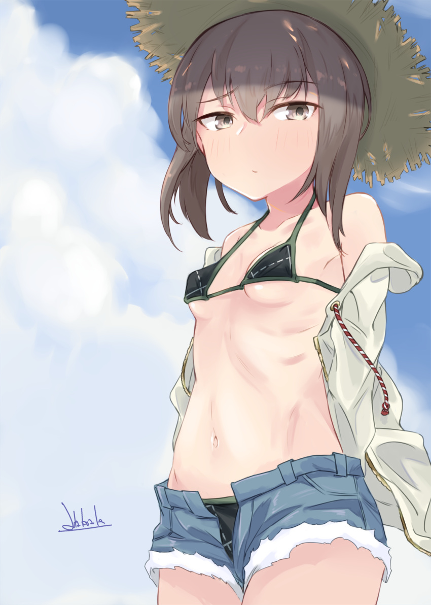 1girl alakoala alternate_costume bangs bikini black_bikini blush breasts brown_eyes brown_hair closed_mouth clouds day denim denim_shorts eyebrows_visible_through_hair hat highres jacket kantai_collection looking_at_viewer micro_bikini open_clothes open_jacket outdoors raised_eyebrow short_hair short_shorts shorts signature sky small_breasts solo straw_hat swimsuit taihou_(kancolle)