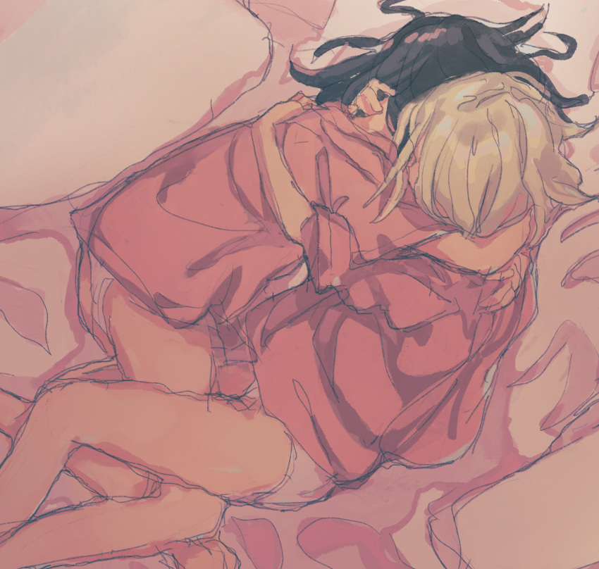 2girls bare_legs black_hair hidden_face highres hug lying medium_hair multiple_girls on_bed on_side original panties roisa sketch underwear white_hair yuri