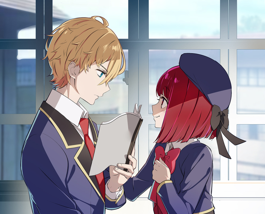 1boy 1girl arima_kana beret black_bow blonde_hair blue_eyes blue_headwear bob_cut book bow bowtie closed_mouth commentary_request hat holding holding_book hoshino_aquamarine looking_at_another necktie nyoro_(nyoronyoro000) oshi_no_ko profile red_bow red_bowtie red_eyes red_necktie redhead school_uniform short_hair smile