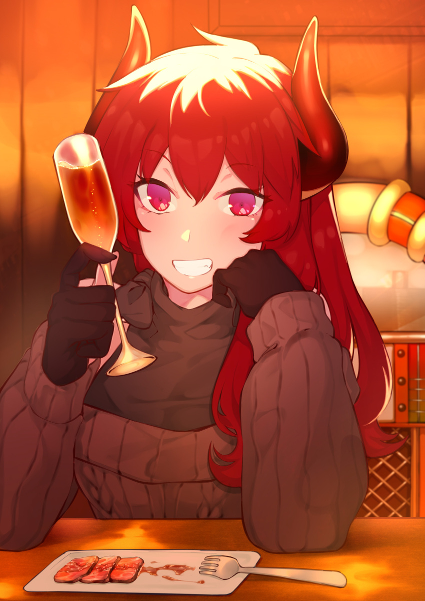 1girl absurdres alcohol bangs black_gloves black_shirt brown_sweater champagne champagne_flute cup dola_(nijisanji) dragon_girl dragon_horns drinking_glass elbow_rest eyebrows_visible_through_hair food fork gloves grin hair_between_eyes hand_on_own_cheek hand_on_own_face hati105 head_rest highres holding holding_cup horns indoors jukebox long_hair looking_at_viewer meat nijisanji plate redhead shirt smile solo sweater table violet_eyes virtual_youtuber
