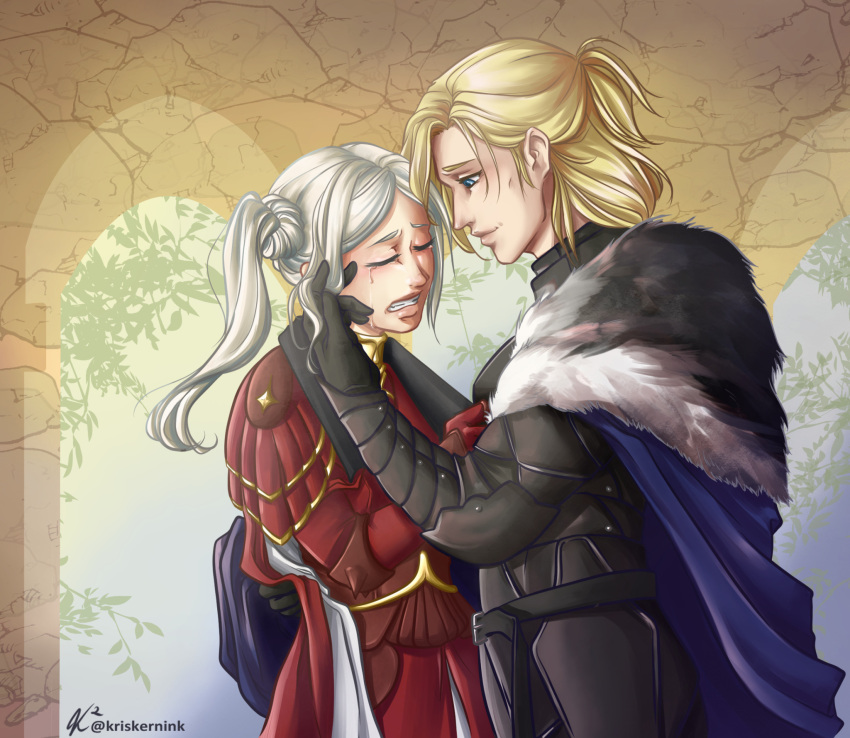 1boy 1girl alternate_hairstyle artist_name blonde_hair cape clenched_teeth closed_eyes commission couple crying cute dimitri_alexandre_blaiddyd edelgard_von_hresvelg fire_emblem fire_emblem:_three_houses fire_emblem_heroes gloves hug incest instagram_username intelligent_systems kirskernink long_hair love nintendo sad side_ponytail tears timeskip tumblr_username twitter_username white_hair worried young_adult