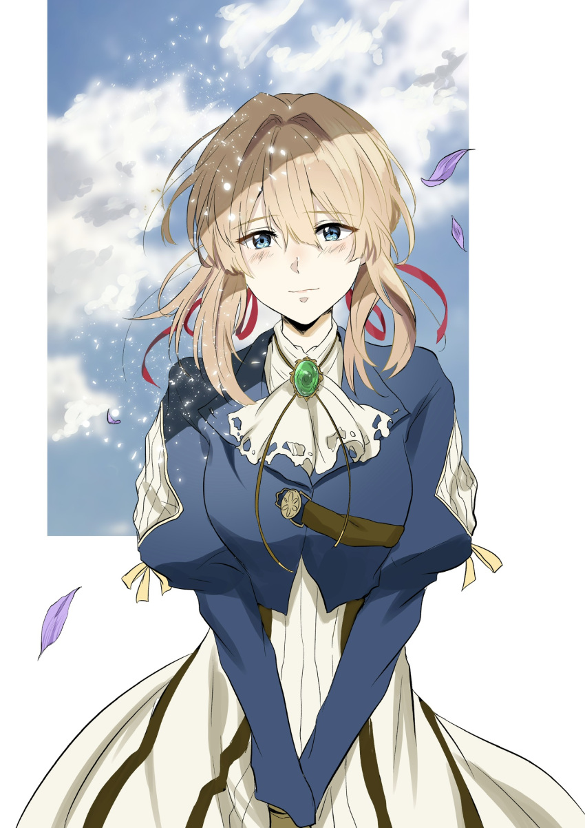 1girl bangs blonde_hair blue_eyes blue_jacket blue_sky blush brooch brown_gloves closed_mouth clouds dress eyebrows_visible_through_hair gloves green_brooch hair_between_eyes hair_ribbon highres jacket jewelry long_sleeves looking_at_viewer necklace puffy_sleeves red_ribbon ribbon shosudo sky smile solo violet_(flower) violet_evergarden violet_evergarden_(series) white_neckwear