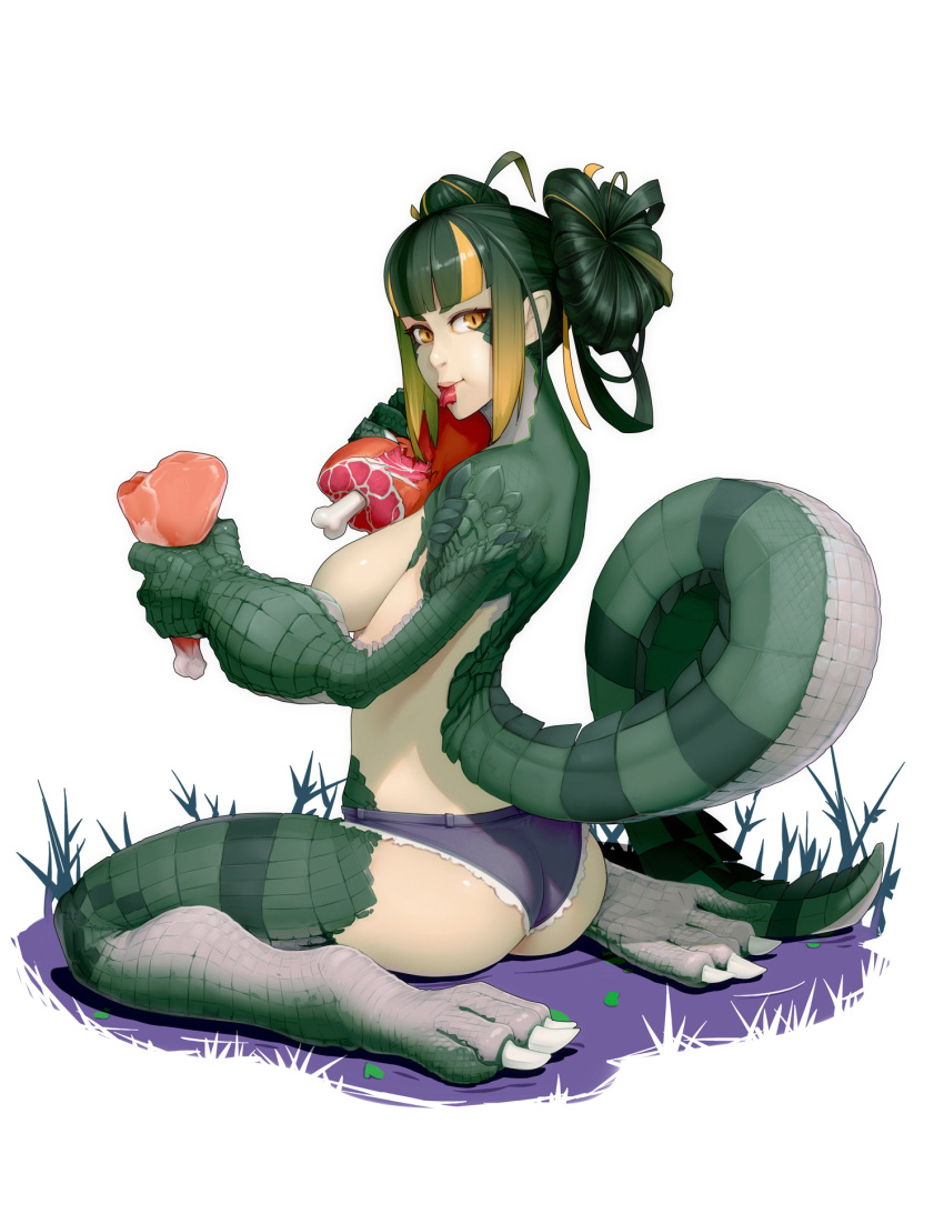 1girl ahoge animal_hands ass bangs blonde_hair blunt_bangs boned_meat breasts claws colored_skin commentary commission crocodilian_tail cutoffs denim denim_shorts double_bun doughnut_hair_bun eating english_commentary food from_behind full_body gradient_hair green_hair green_skin green_tail highres holding holding_food large_breasts long_hair looking_at_viewer materclaws meat micro_shorts monster_girl multicolored multicolored_hair multicolored_skin original reptile_girl scales shorts simple_background sitting slit_pupils solo streaked_hair tail topless two-tone_hair two-tone_skin wariza white_background yellow_eyes yellow_skin