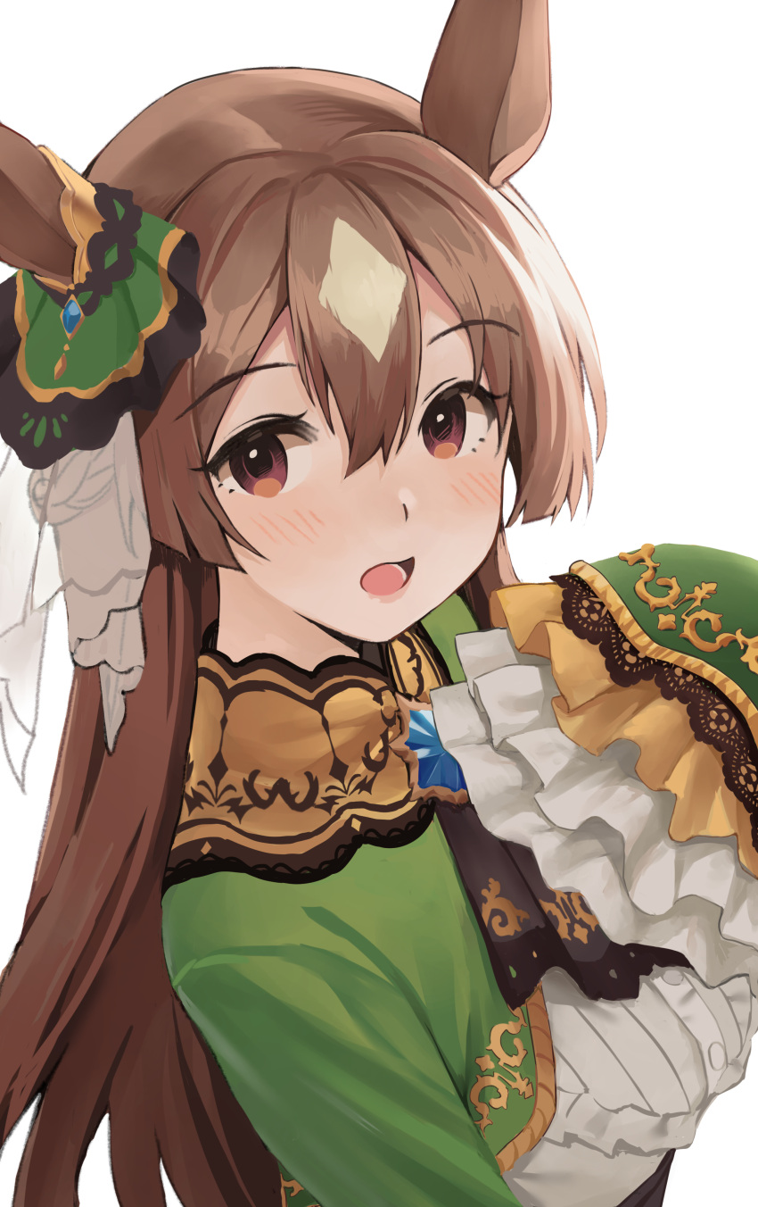 1girl absurdres animal_ears bangs blush breasts brown_eyes brown_hair commentary_request cropped_jacket eyebrows_visible_through_hair frilled_shirt frills from_side green_jacket hair_between_eyes hand_up highres horse_ears jacket kirarin369 long_hair long_sleeves looking_at_viewer looking_to_the_side medium_breasts satono_diamond_(umamusume) shirt simple_background sleeves_past_fingers sleeves_past_wrists solo umamusume upper_body very_long_hair white_background white_shirt wide_sleeves