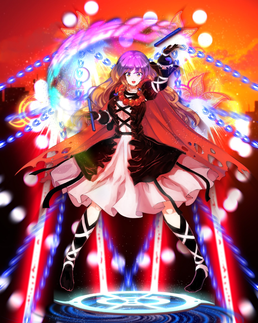 1girl :d bangs bead_necklace beads black_dress breasts brown_eyes commentary_request danmaku dress eyebrows_visible_through_hair full_body gradient_hair highres hijiri_byakuren holding jewelry large_breasts layered_dress long_hair long_sleeves looking_at_viewer magic_circle multicolored multicolored_clothes multicolored_dress multicolored_hair necklace open_mouth pose purple_hair smile solo sorcerer's_sutra_scroll standing sunyup touhou two-tone_hair white_background white_dress