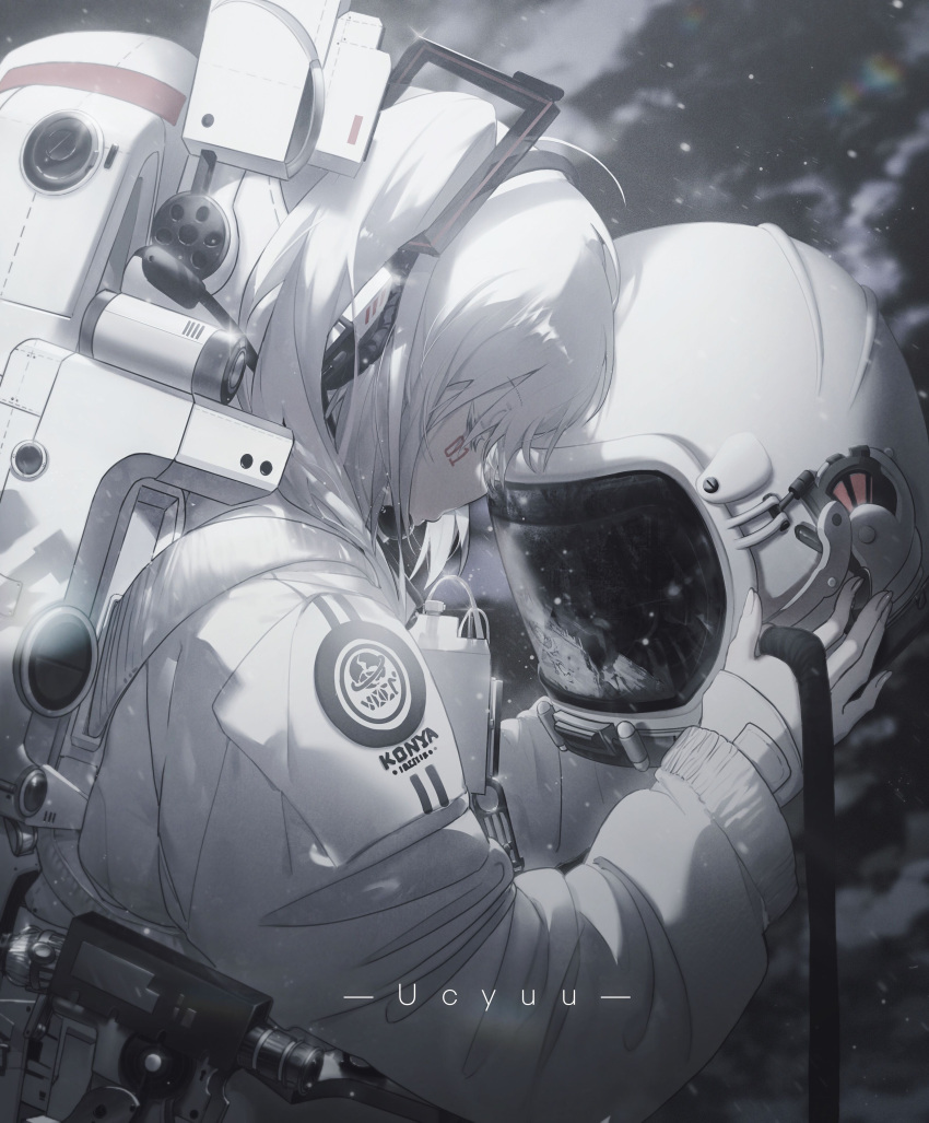 1girl absurdres artist_name astronaut camera closed_eyes commentary facial_tattoo hair_ornament hand_on_another's_head hatsune_miku heads_together highres konya_karasu_kou long_hair number_tattoo reflection romaji_text space space_helmet spacesuit star_(sky) tattoo translated twintails upper_body vocaloid white_hair