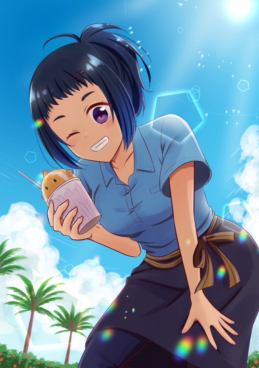 1girl absurdres black_hair blue_sky clouds cup day disposable_cup drinking_straw hair_up hand_on_own_leg highres leaning_forward lens_flare midodo-12 one_eye_closed outdoors shaved_ice shiroi_suna_no_aquatope short_hair short_sleeves sky teruya_tsukimi violet_eyes