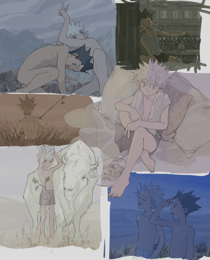 2boys animal arms_up bangs barefoot black_hair book bottle branch closed_eyes completely_nude cushion eating fishing_rod food food_on_face gon_freecss highres holding holding_book hunter_x_hunter killua_zoldyck male_focus multiple_boys multiple_views nude open_mouth outdoors pillow shorts shota sitting spiky_hair table tank_top topless_male toripippi_7 towel towel_around_neck v water_bottle white_hair
