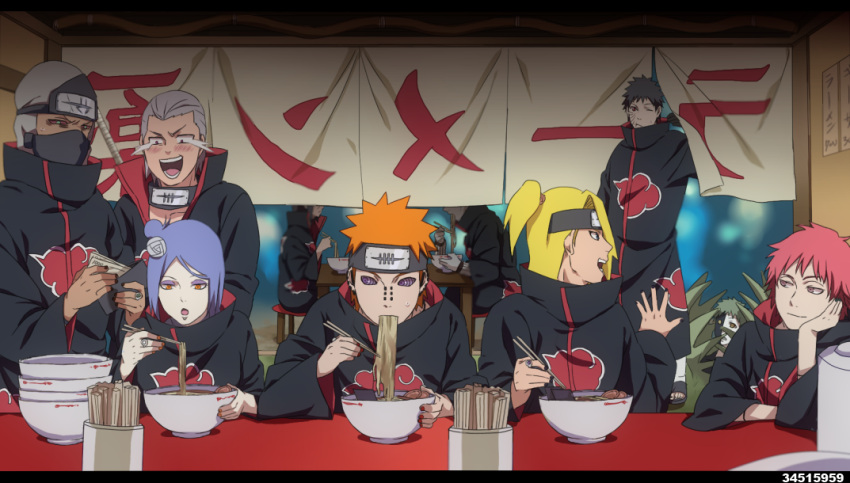 1girl 6+boys :d akasuna_no_hedoro akatsuki_(naruto) akatsuki_uniform angry bangs black_hair blonde_hair blue_eyes bowl chair chopsticks closed_mouth crying crying_with_eyes_open eating food forehead_protector green_eyes hidan_(naruto) holding holding_bowl holding_chopsticks hoshigaki_kisame kakuzu_(naruto) konan_(naruto) laughing long_sleeves mask money mouth_mask multiple_boys naruto naruto_(series) ninja ninja_mask noodles open_mouth orange_eyes orange_hair pain_(naruto) purple_hair ramen red_eyes redhead rinnegan sasori_(naruto) scythe silver_hair sitting smile table tears teeth uchiha_itachi uchiha_obito violet_eyes weapon weapon_on_back zetsu_(naruto)