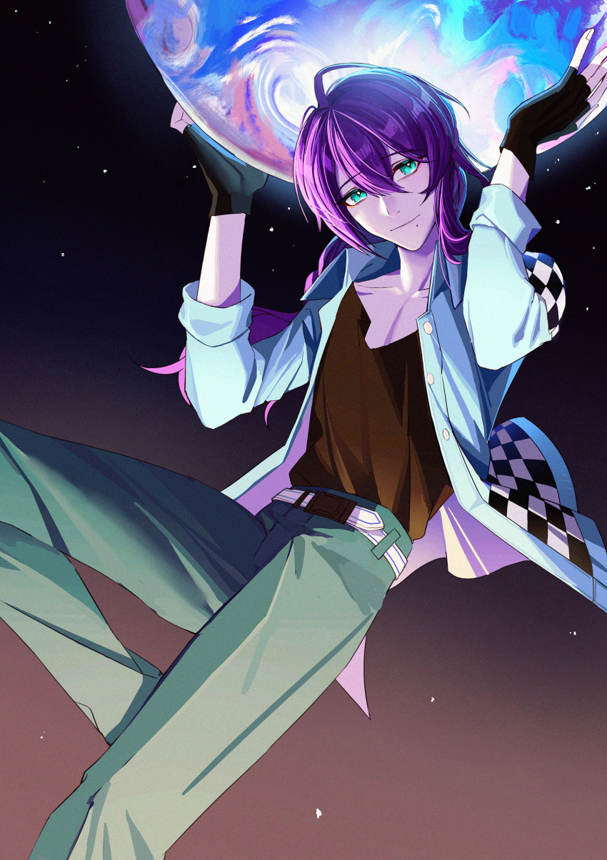 1boy absurdres antenna_hair arms_up ayase_mayoi checkered collarbone ensemble_stars! eyebrows_visible_through_hair fingerless_gloves gloves gradient gradient_background green_eyes hair_between_eyes highres holding leg_up long_pants loveforever666 male_focus medium_hair open_clothes open_shirt pants purple_hair sky smile star_(sky) starry_sky