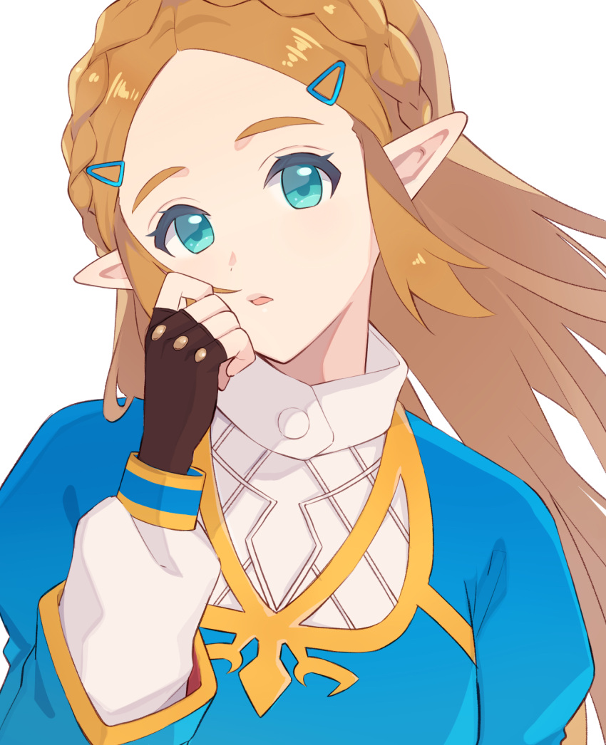 1girl :o blonde_hair blue_shirt braid elf fingerless_gloves forehead gloves gold_trim green_eyes hair_ornament hairclip hand_up highres long_hair long_sleeves looking_at_viewer open_mouth oy_ils pointy_ears princess_zelda shirt shirt_under_shirt sidelocks simple_background solo the_legend_of_zelda the_legend_of_zelda:_breath_of_the_wild white_background wide_sleeves