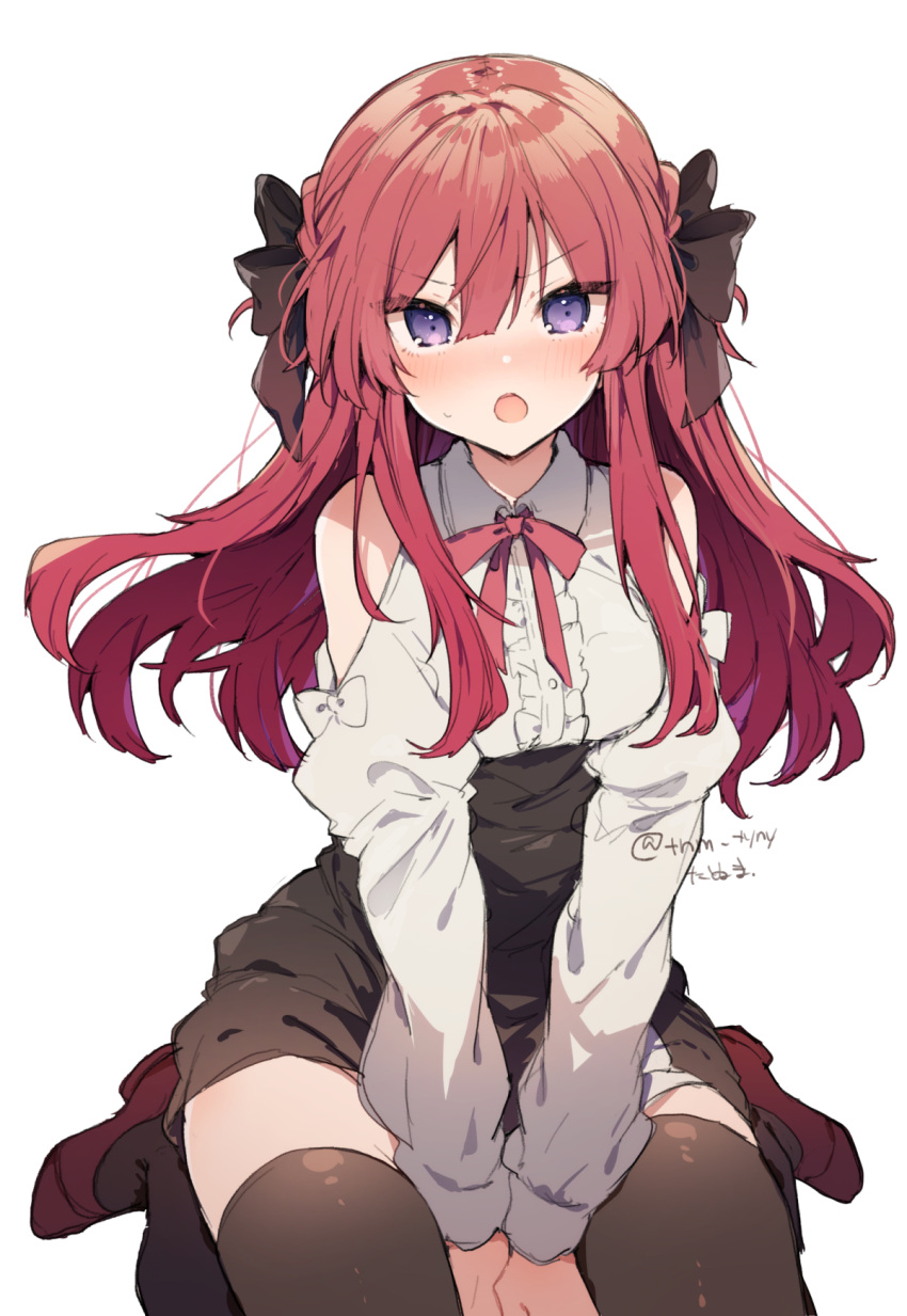 1girl bangs bare_shoulders between_legs black_bow black_legwear black_skirt blush bow center_frills clothing_cutout collared_shirt eyebrows_visible_through_hair frills hair_between_eyes hair_bow hand_between_legs highres ikeuchi_tanuma juliet_sleeves long_hair long_sleeves looking_at_viewer nose_blush open_mouth original puffy_sleeves red_bow red_footwear redhead shirt shoes shoulder_cutout simple_background sitting skirt solo sweat thigh-highs twitter_username v-shaped_eyebrows very_long_hair violet_eyes wariza white_background white_shirt