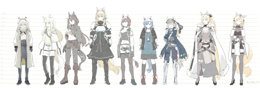 6+girls animal_ears arknights armor aunt_and_niece blemishine_(arknights) blonde_hair blue_hair boots brown_hair cape catapult_(arknights) fang_(arknights) grani_(arknights) grey_hair heavyrain_(arknights) height_chart helmet high_heels highres horse_ears horse_girl horse_tail jacket meteor_(arknights) multiple_girls nearl_(arknights) pauldrons platinum_(arknights) shoes shoulder_armor siblings sisters tail trait_connection whislash_(arknights) white_hair zebra_ears zebra_girl zymoto