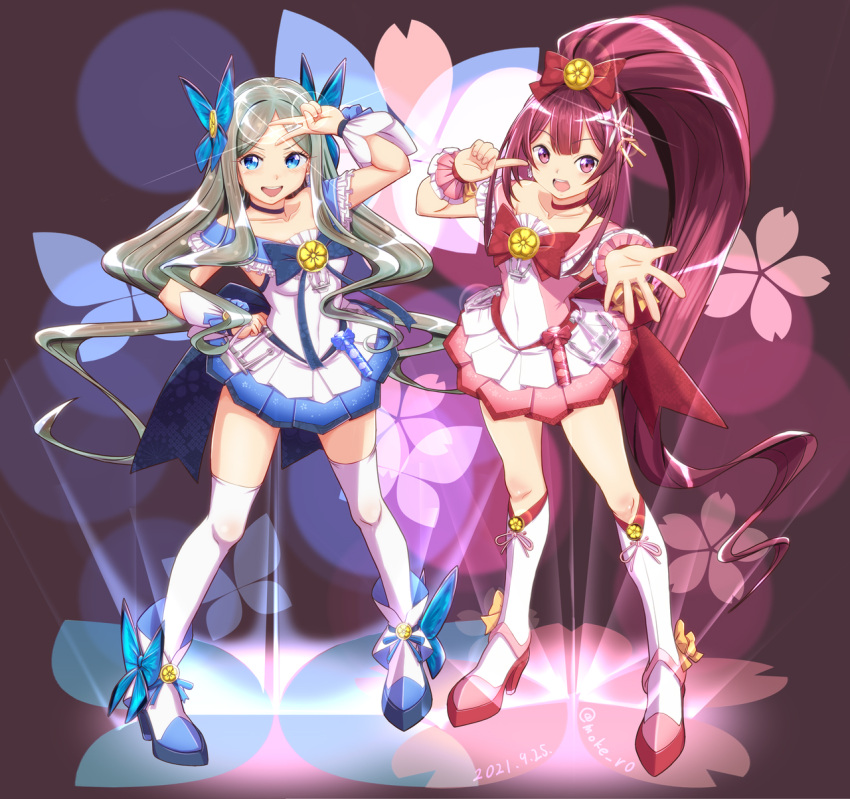 2girls alternate_costume anchor asakaze_(kancolle) blue_background blue_bow blue_choker blue_eyes blue_skirt blush boots bow choker cosplay cure_blossom cure_blossom_(cosplay) cure_marine cure_marine_(cosplay) dated dress eyebrows_visible_through_hair floral_background forehead full_body gift gradient gradient_background hair_bow hair_ornament heartcatch_precure! high_heel_boots high_heels high_ponytail highres kamikaze_(kancolle) kantai_collection kneehighs light_brown_hair long_hair magical_girl moke_ro multiple_girls open_mouth outstretched_arm pink_background pink_choker pink_dress precure purple_bow purple_footwear purple_hair short_sleeves skirt smile thigh-highs twitter_username very_long_hair violet_eyes white_dress white_legwear