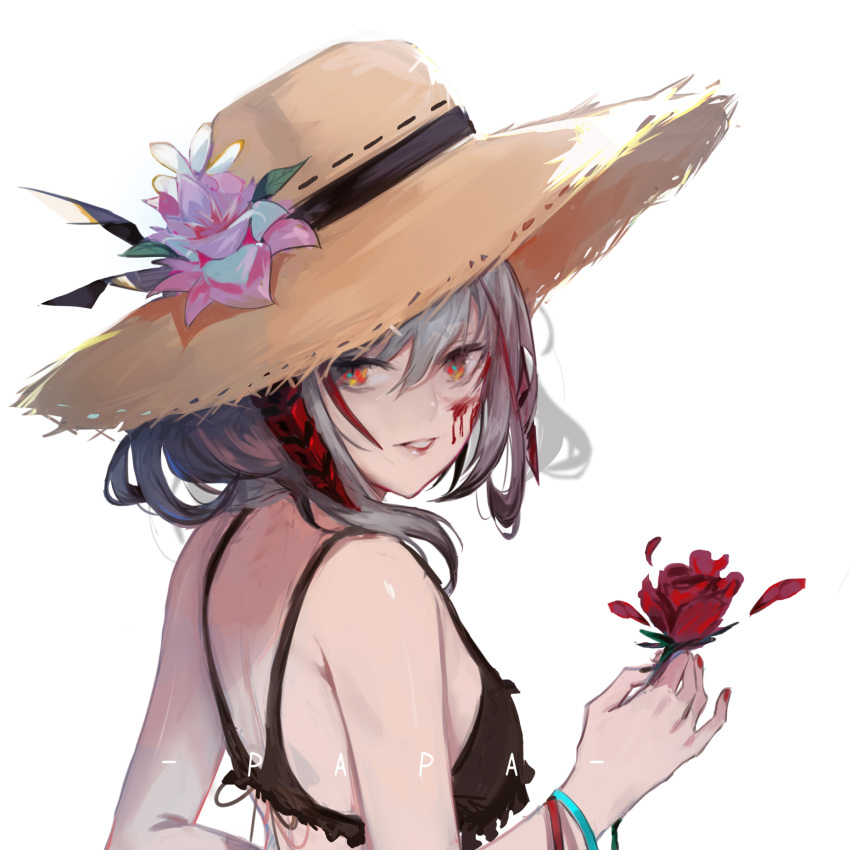 1girl arknights artist_name bare_arms bikini black_bikini blood blood_on_face brown_headwear commentary flower from_behind grey_hair hat hat_flower highres holding holding_flower horns looking_at_viewer looking_back medium_hair papa_(839171447) parted_lips pink_flower red_eyes red_flower red_nails red_rose rose simple_background smile solo spaghetti_strap straw_hat sun_hat swimsuit upper_body w_(arknights) white_background white_flower