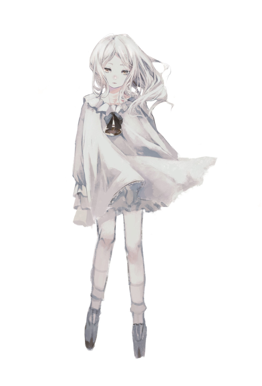 1girl absurdres bell c_cand1e dress frilled_dress frills full_body grey_eyes highres long_hair long_sleeves original simple_background solo white_background white_dress white_hair
