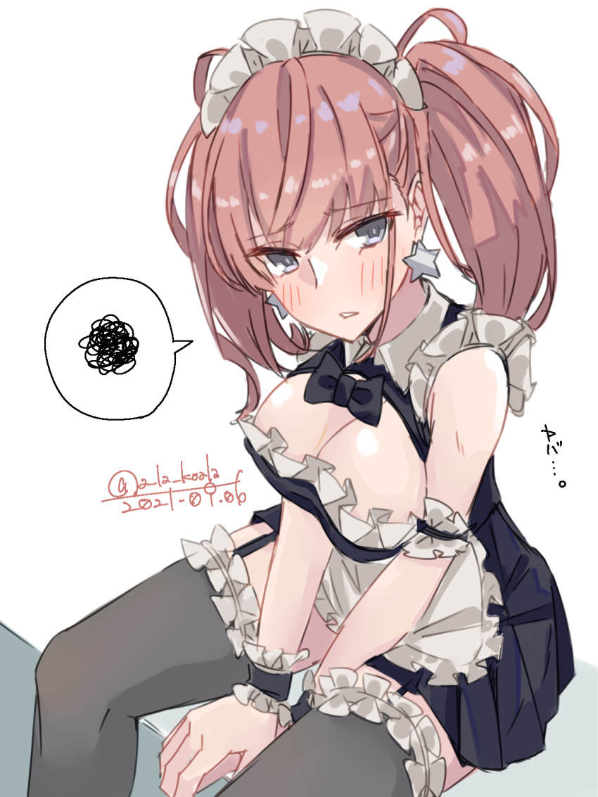 1girl alakoala alternate_costume apron atlanta_(kancolle) black_dress black_legwear black_neckwear bow bowtie breasts brown_hair dated detached_collar dress earrings enmaided frilled_apron frilled_legwear frills garter_straps grey_eyes highres jewelry kantai_collection large_breasts long_hair looking_at_viewer maid maid_headdress one-hour_drawing_challenge solo spoken_squiggle squiggle star_(symbol) star_earrings twitter_username two_side_up waist_apron white_apron