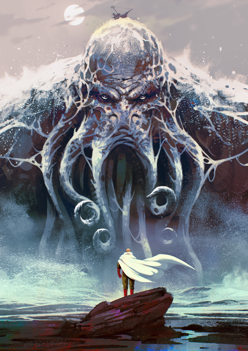 1boy absurdres bald brown_bodysuit cape commentary cthulhu cthulhu_mythos from_behind giant highres kalmahul looking_at_another monster moon one-punch_man outdoors rock saitama_(one-punch_man) scenery ship standing tentacles water watercraft white_cape