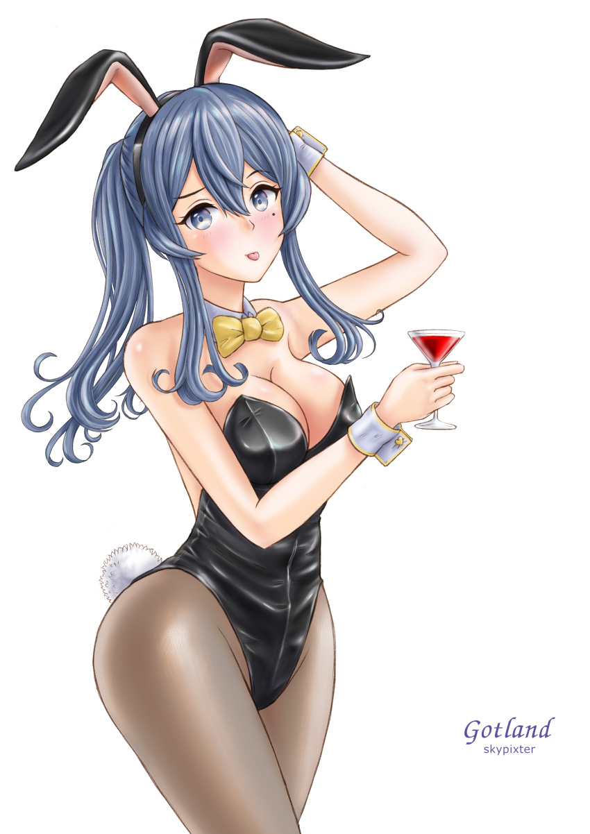 1girl absurdres alternate_costume animal_ears black_leotard blue_eyes blue_hair bow bowtie breasts cocktail_glass cup detached_collar drinking_glass fake_animal_ears fake_tail gotland_(kancolle) highleg highleg_leotard highres holding holding_cup kantai_collection leotard long_hair medium_breasts mole mole_under_eye pantyhose playboy_bunny ponytail rabbit_ears rabbit_tail sidelocks skypixter solo strapless strapless_leotard tail wrist_cuffs yellow_neckwear