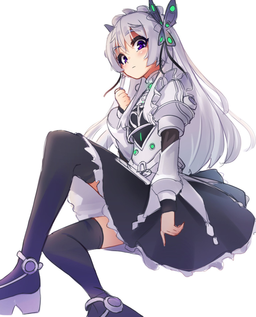 1girl armor bangs black_dress black_footwear boots butterfly_hair_ornament chaika_trabant dress eximmetry hair_ornament highres hitsugi_no_chaika juliet_sleeves long_hair long_sleeves looking_at_viewer maid_headdress platform_footwear puffy_sleeves shoulder_armor sitting solo thigh-highs thigh_boots violet_eyes white_hair