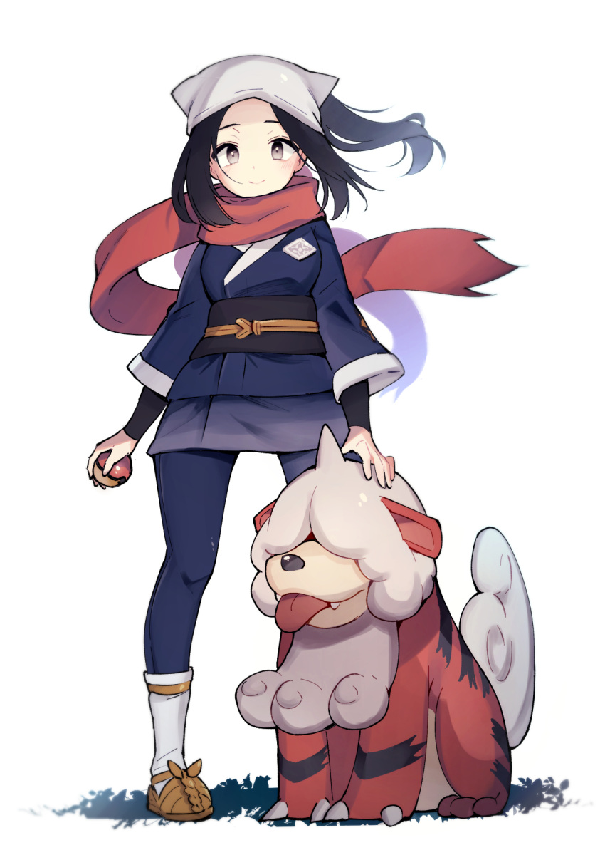 1girl akari_(pokemon) black_hair black_undershirt blush closed_mouth eyelashes floating_hair floating_scarf grey_eyes head_scarf highres hisuian_form hisuian_growlithe holding holding_poke_ball jacket long_hair looking_at_viewer miya9 pants poke_ball poke_ball_(legends) pokemon pokemon_(creature) pokemon_(game) pokemon_legends:_arceus ponytail red_scarf sash scarf shoes sidelocks smile socks standing undershirt white_headwear white_legwear