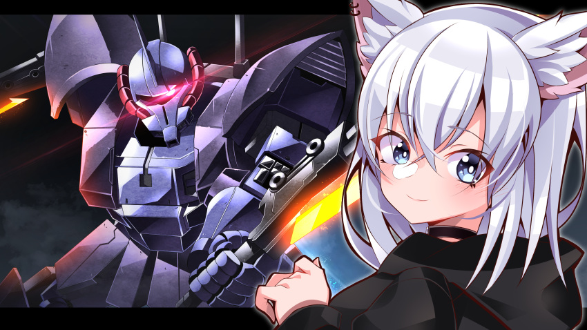 absurdres act_zaku animal_ear_fluff animal_ears asagi_rio axe bangs black_choker black_hoodie blue_eyes choker commission dual_wielding glowing glowing_eye gundam gundam_msv hair_between_eyes highres holding holding_axe hood hoodie indie_virtual_youtuber long_hair looking_back looking_to_the_side mecha mobile_suit one-eyed papa-kun_(destiny549-2) pink_eyes silver_hair skeb_commission smile virtual_youtuber wolf_ears wolf_girl zeon