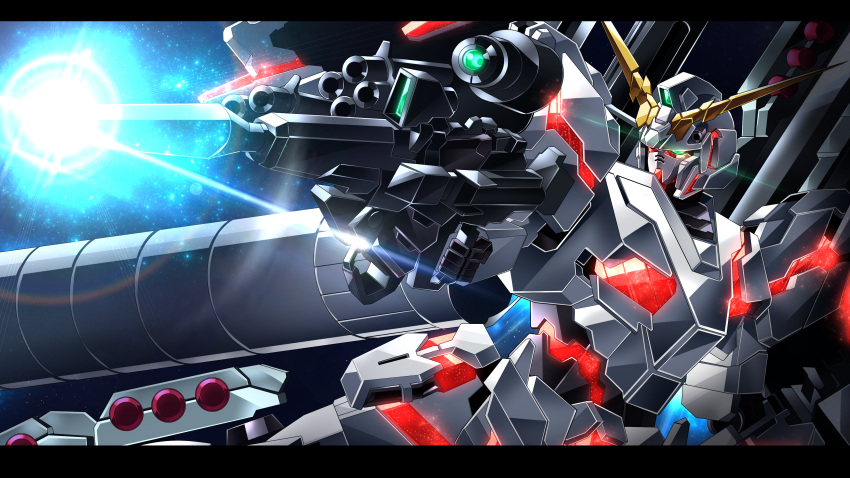 absurdres aiming commission full_armor_unicorn_gundam glowing glowing_eye green_eyes gun gundam gundam_unicorn highres holding holding_gun holding_weapon looking_to_the_side mecha missile_pod mobile_suit no_humans nt-d papa-kun_(destiny549-2) science_fiction skeb_commission solo unicorn_gundam v-fin weapon