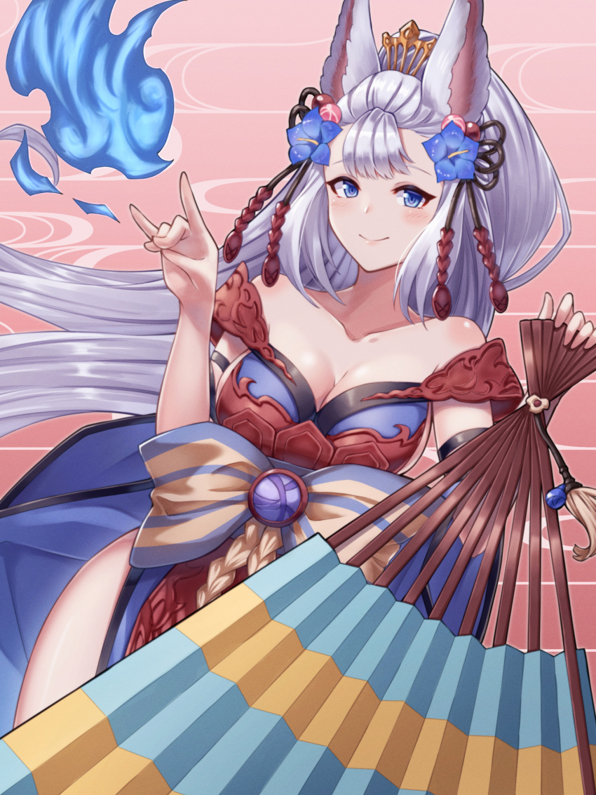 1girl animal_ears bell blue_eyes breasts erune folding_fan fox_ears fox_shadow_puppet fox_tail granblue_fantasy hair_bell hair_ornament hand_fan highres holding holding_fan sideboob silver_hair societte_(granblue_fantasy) solo tail umiboozu_(uminoyoukai)