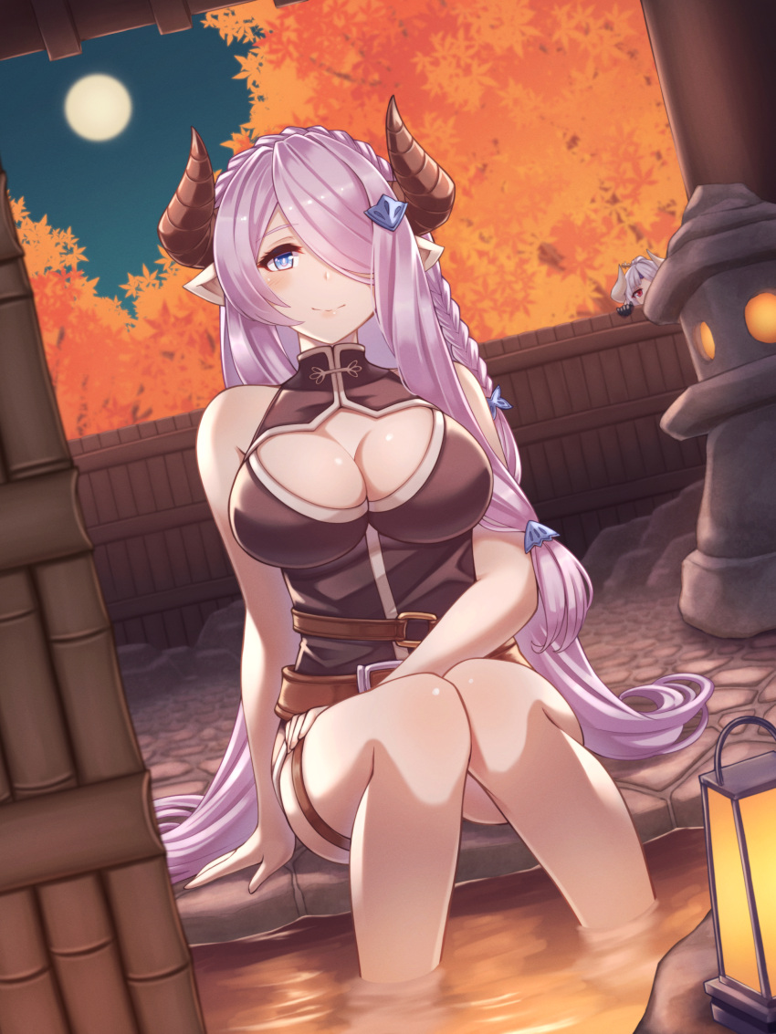 2girls azusa_(granblue_fantasy) blue_eyes bottomless braid breasts demon_horns draph granblue_fantasy hair_over_one_eye highres horns large_breasts light_purple_hair long_hair low_tied_hair multiple_girls narmaya_(granblue_fantasy) onsen partially_submerged peeking pointy_ears purple_hair single_braid sitting sleeveless soaking_feet solo_focus thigh_strap umiboozu_(uminoyoukai)