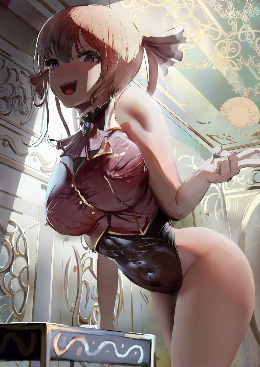 1girl absurdres alternate_eye_color arm_support bare_legs bare_shoulders black_leotard blue_eyes blush breasts covered_navel crop_top hair_between_eyes hair_ribbon hand_up highres hololive houshou_marine indoors large_breasts leaning_forward leotard long_hair looking_at_viewer masaki_(ekakiningen) no_pants open_mouth red_ribbon red_shirt red_skirt redhead ribbon shirt skin_tight skirt solo standing twintails v virtual_youtuber