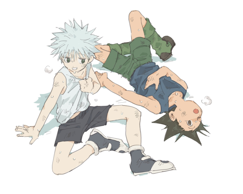 2boys :o bangs black_eyes black_hair black_shorts blue_tank_top dirty gon_freecss green_shorts grin highres hunter_x_hunter killua_zoldyck lying male_focus multiple_boys on_back one_eye_closed shorts silver_hair simple_background sitting smile spiky_hair sweat tank_top toripippi_7 white_background white_tank_top