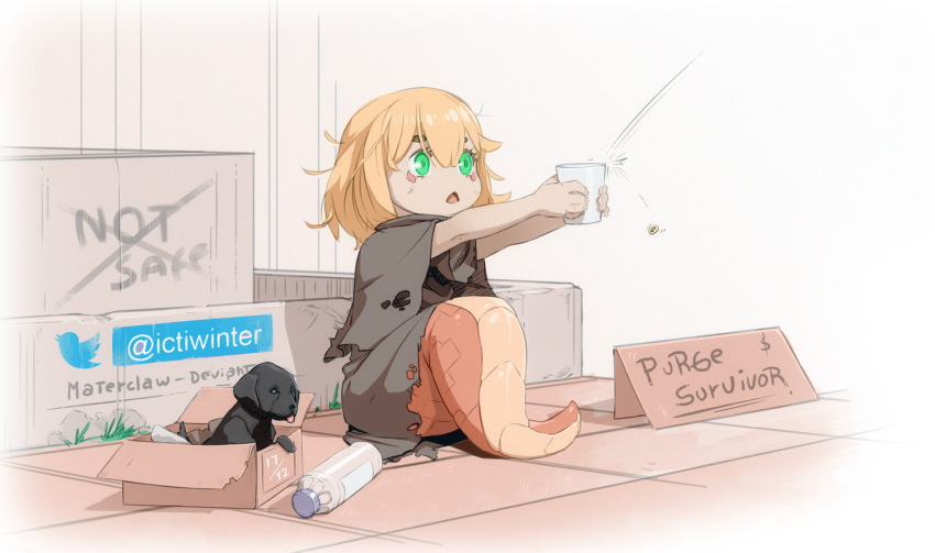 1girl begging blonde_hair bottle cape chestnut_mouth child coin dog facial_mark for_adoption green_eyes grey_cape holding lamia materclaws medium_hair monster_girl original parted_lips rags sitting solo water_bottle