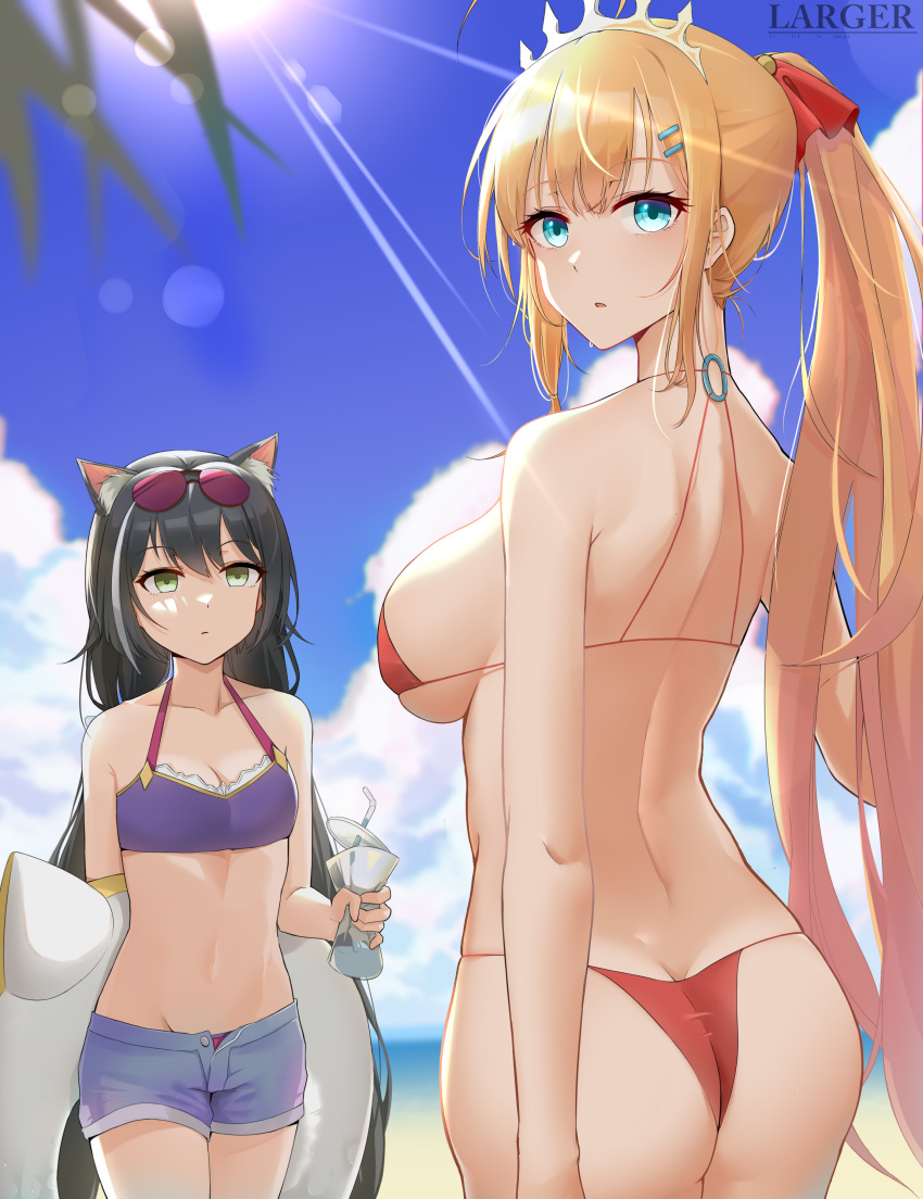 2girls absurdly_long_hair absurdres ahoge animal_ears ass bangs bare_back bare_shoulders beach bikini black_hair blue_eyes blue_sky blurry breast_envy breasts butt_crack cat_ears cat_tail clouds cloudy_sky collarbone commentary commentary_request crushing cup denim denim_shorts depth_of_field disposable_cup drinking_straw empty_eyes eyebrows_visible_through_hair green_eyes hair_between_eyes hair_ornament hairclip highres horizon hun_shang karyl_(princess_connect!) large_breasts lifebuoy long_hair looking_at_viewer low_twintails midriff multicolored_hair multiple_girls navel ocean orange_hair parted_lips pecorine_(princess_connect!) ponytail princess_connect! red_bikini short_shorts shorts sideboob sidelocks sky spaghetti_strap stomach streaked_hair sunlight swimsuit symbol-only_commentary tail tiara twintails two-tone_hair very_long_hair