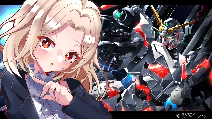 1girl :o absurdres aiming bangs black_jacket blonde_hair blush brown_eyes collared_shirt commission frilled_shirt frills full_armor_unicorn_gundam glowing glowing_eye green_eyes grey_shirt gun gundam gundam_unicorn highres holding holding_gun holding_weapon indie_virtual_youtuber jacket looking_at_viewer looking_to_the_side mecha missile_pod mobile_suit nt-d otomi_shia papa-kun_(destiny549-2) parted_bangs pointing_to_the_side science_fiction shirt skeb_commission sleeveless sleeveless_shirt unicorn_gundam v-fin virtual_youtuber weapon
