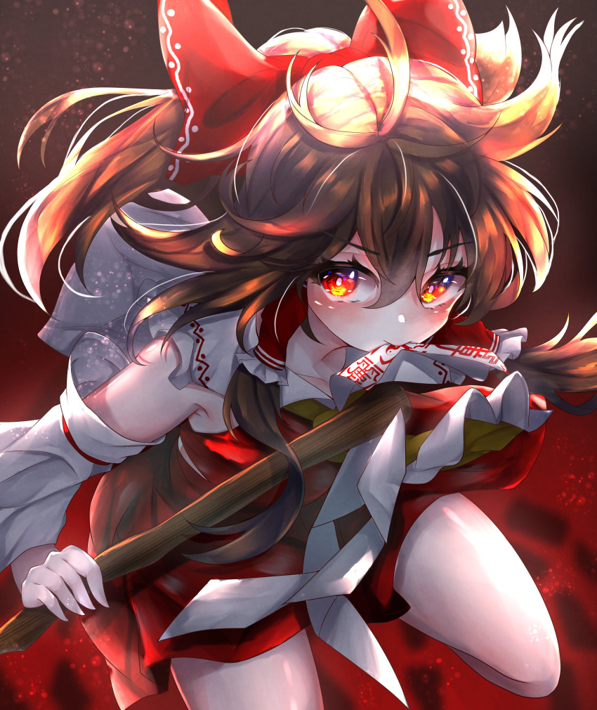 1girl absurdres ascot bow brown_hair detached_sleeves dfra eyebrows_visible_through_hair eyelashes gohei hair_bow hakurei_reimu highres looking_at_viewer medium_hair ponytail red_bow red_eyes red_skirt red_vest skirt touhou vest wide_sleeves yellow_neckwear