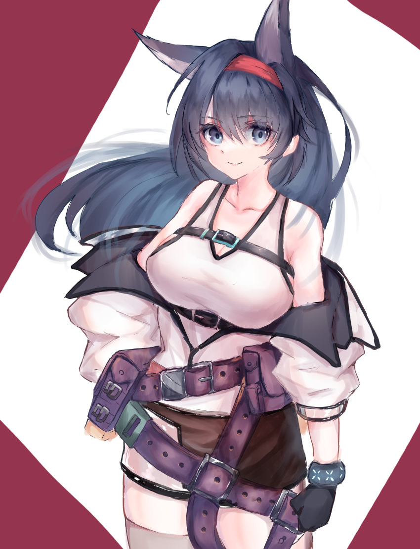 1girl absurdres animal_ears arknights bangs bare_shoulders black_hair blaze_(arknights) blue_eyes cat_ears cat_girl closed_mouth commentary eyebrows_visible_through_hair hairband highres infection_monitor_(arknights) jacket long_hair off_shoulder pencil_skirt skirt smile solo yuzusawa_oekaki