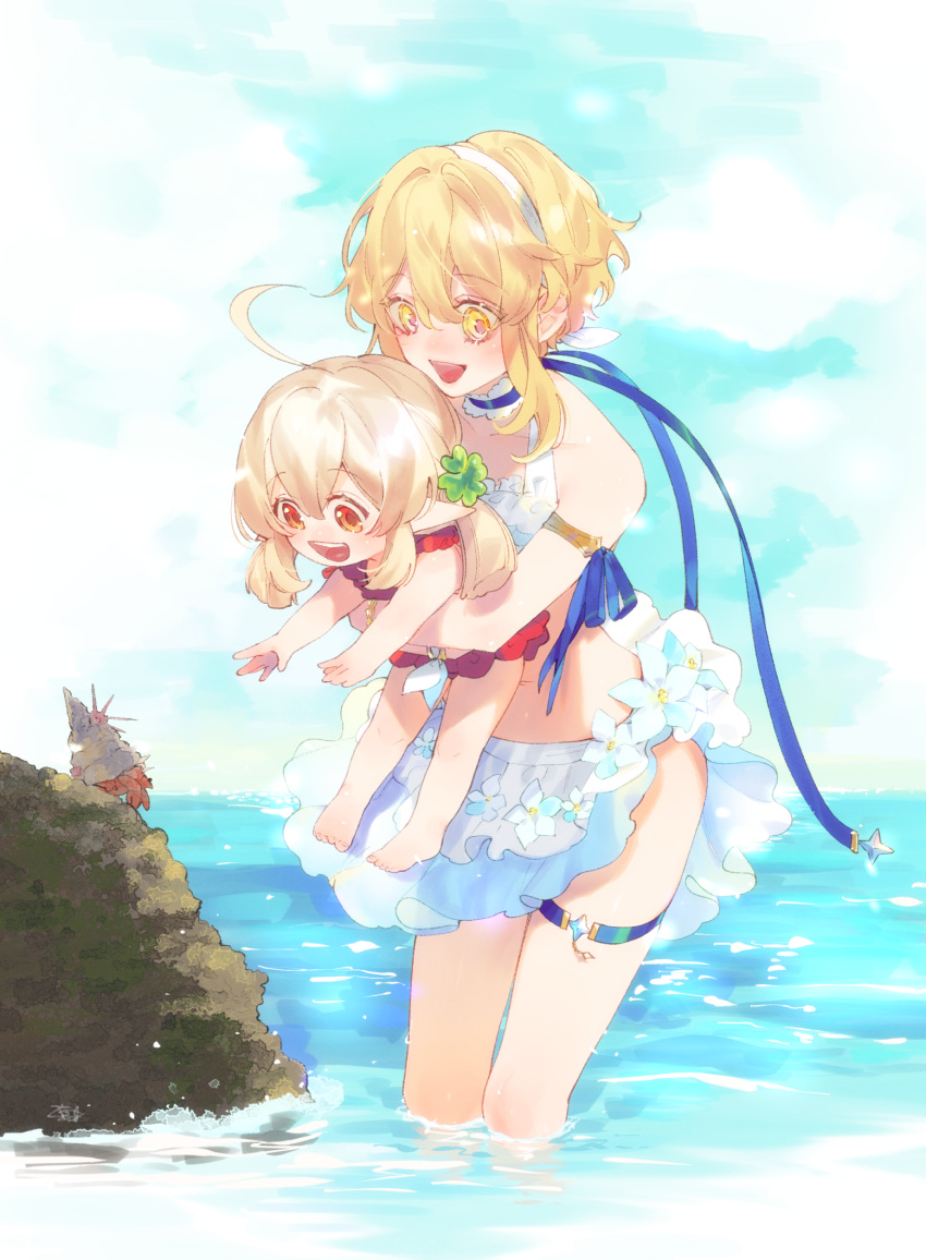 2girls :d armband arms_around_waist artwele bangs blonde_hair blue_sky clouds clover clover_hair_ornament commentary_request eyebrows_visible_through_hair eyelashes feet_out_of_frame flower four-leaf_clover full_body genshin_impact hair_ornament hairband hermit_crab highres holding_person klee_(genshin_impact) lumine_(genshin_impact) multiple_girls ocean open_mouth outdoors outstretched_arms red_eyes red_swimsuit rock short_hair short_hair_with_long_locks short_twintails sidelocks sky smile swimsuit tagme teeth twintails upper_teeth wading white_flower white_hairband white_swimsuit yellow_eyes