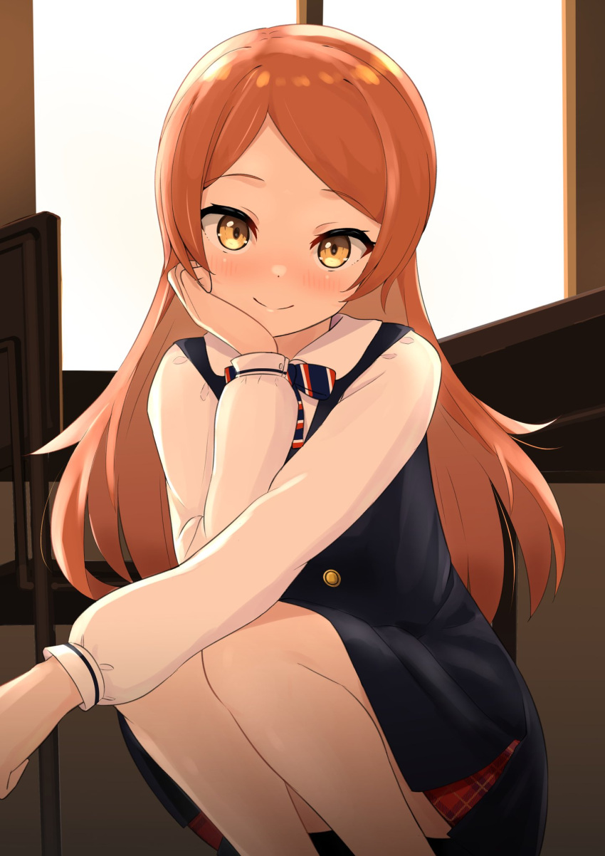 bangs blue_dress blush bow bowtie chair cpk_prd dress eyebrows_visible_through_hair hand_on_own_cheek hand_on_own_face highres idolmaster idolmaster_million_live! image_sample indoors legs long_hair long_sleeves looking_at_viewer oogami_tamaki orange_hair pov school_uniform shirt smile solo squatting table twitter_sample white_shirt window yellow_eyes