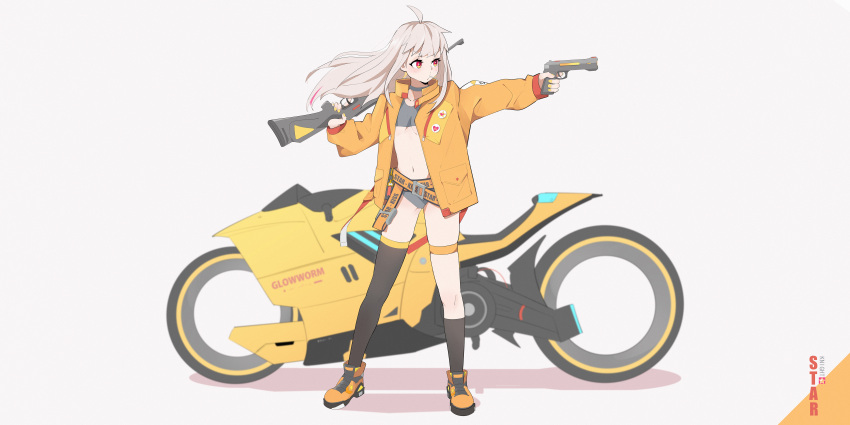 1girl absurdres ahoge asymmetrical_legwear bangs belt black_legwear blonde_hair bra candy commentary_request eyebrows_visible_through_hair food full_body grey_bra grey_panties ground_vehicle gun heart_button highres holding holding_gun holding_weapon jacket kneehighs lollipop long_hair long_sleeves looking_away looking_to_the_side motor_vehicle motorcycle mouth_hold nail_polish no_pants open_clothes open_jacket orange_footwear original panties puffy_sleeves red_eyes rifle shoes simple_background standing star-kiss star_(symbol) thigh-highs thigh_strap underwear uneven_legwear weapon white_background wind yellow_jacket yellow_nails