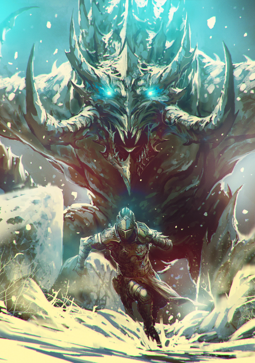 1other absurdres ambiguous_gender armor armored_boots boots breastplate fangs fleeing full_armor gauntlets glowing glowing_eyes gradient gradient_background helm helmet highres horns kalmahul looking_at_another monster open_mouth original rock running sharp_teeth snow snowing teeth