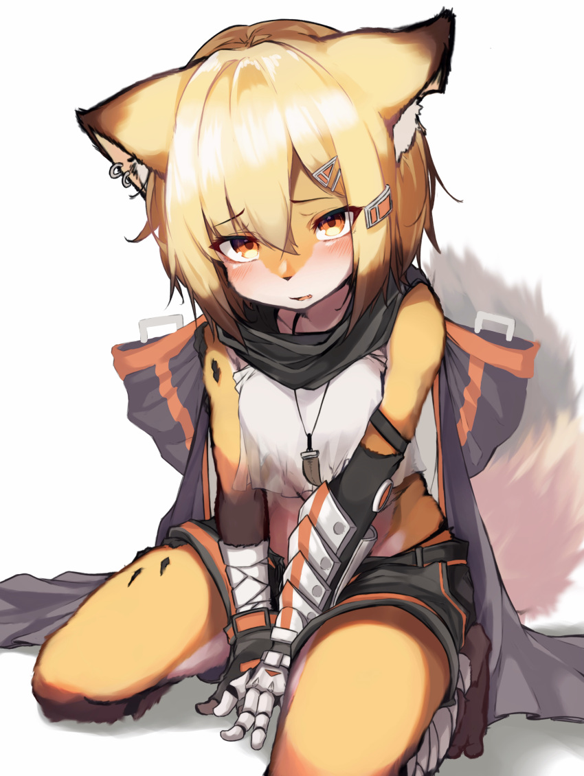 1girl absurdres animal_ears animal_nose arknights arm_wrap black_cloak black_gloves blonde_hair blush body_fur cloak commentary crop_top ear_piercing eyebrows_visible_through_hair fingerless_gloves fox_ears fox_girl fox_tail furrification furry furry_female gloves hair_between_eyes hair_ornament hairclip highres hood hood_down hooded_cloak looking_at_viewer notched_ear orange_eyes oripathy_lesion_(arknights) piercing prosthesis prosthetic_arm seiza shirt simple_background single_glove sitting solo tab_head tail tooth_necklace vermeil_(arknights) white_background white_shirt